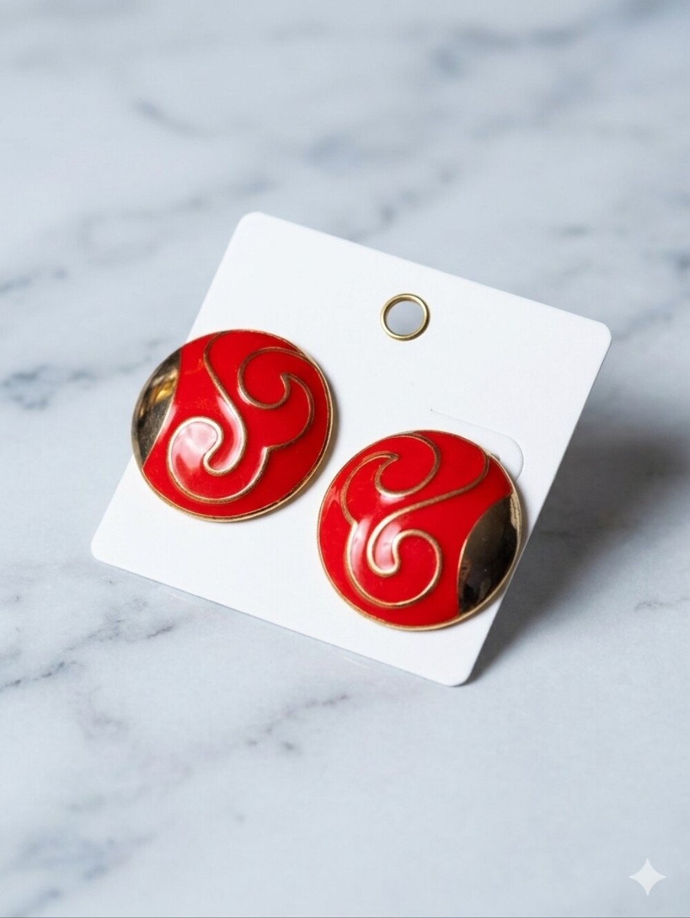 Vintage Red and Gold Enamel Swirl Art Deco Stud  Earrings